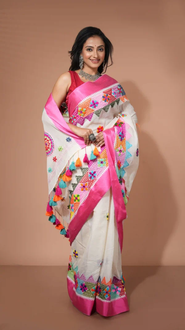 White Pure Cotton Saree with Vibrant Multicolor Lambani Embroidery | 2025