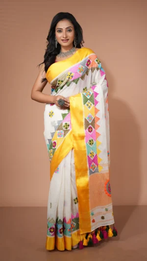 Elegant White Pure Cotton Saree with Vibrant Multicolor Lambani Embroidery