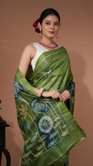 Green Pure Tussar Silk Saree with Artistic Block Print & Abstract Kantha Motifs | 2025 Nams Design Exclusive