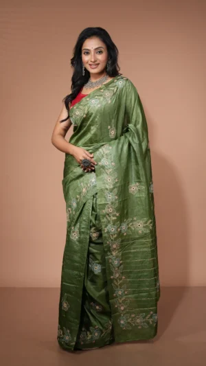 Dark Green Pure Tussar Silk Saree with Kantha Embroidered Floral Motifs | 2025 Exclusive