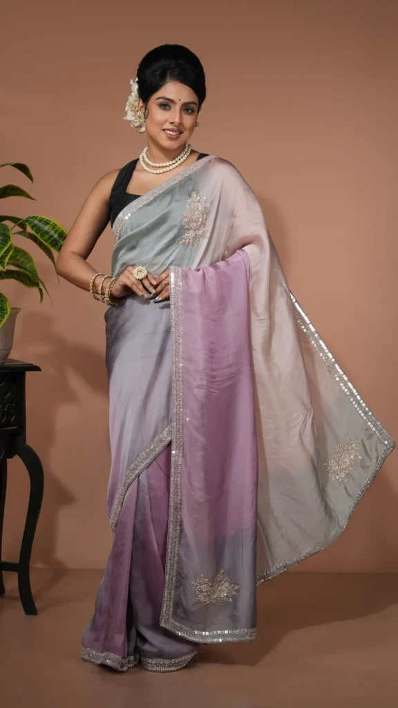 Ombre Grey and Purple Designer Organza Saree with Sequin Embellishments | 2025 Winter Festive