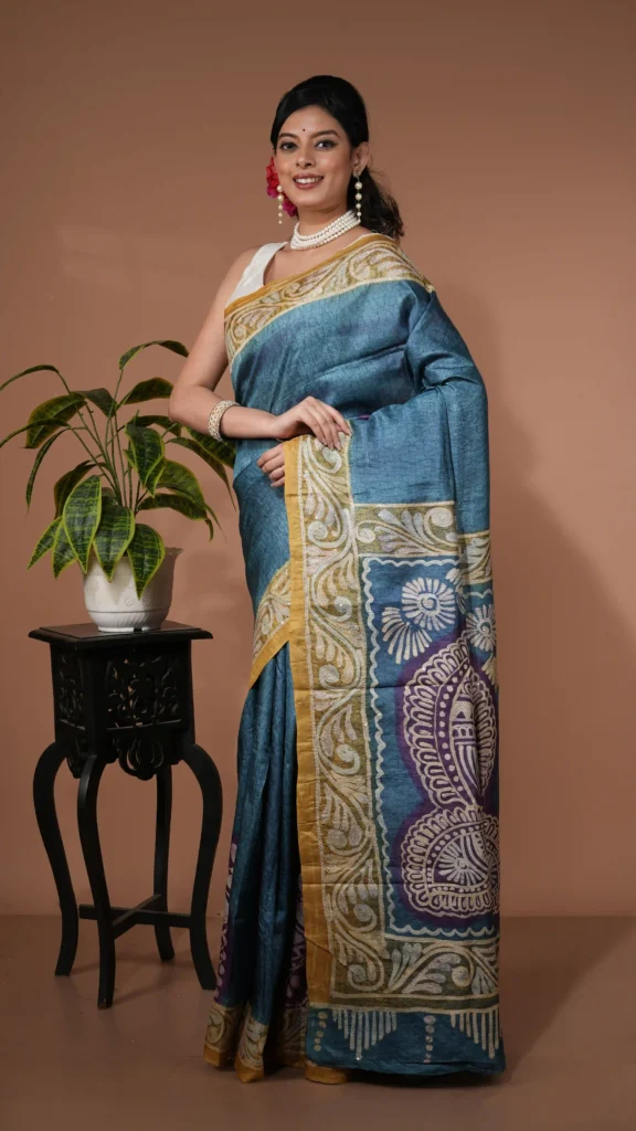 Peacock Blue Pure Tussar Silk Saree with Batik and Kantha Detailing | 2025 Nams Design Exclusive
