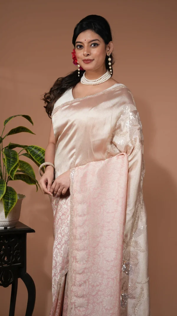 Baby Pink Contemporary Designer Saree with Floral Stone Work