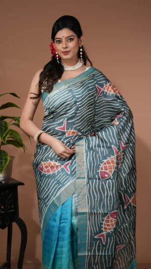 Sky Blue Pure Tussar Saree with Hand-Painted Fish Motifs with Batik Print | 2025 Nams Design Exclusive