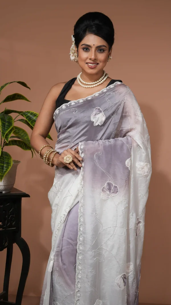 White and Grey Ombre Designer Organza Saree with Butterfly Stone Work | 2025 Winter Festive