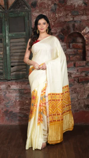 Off-White Borderless Saree with Rajkot Motifs in Yellow & Zari Pallu | 2025 Winter Festive