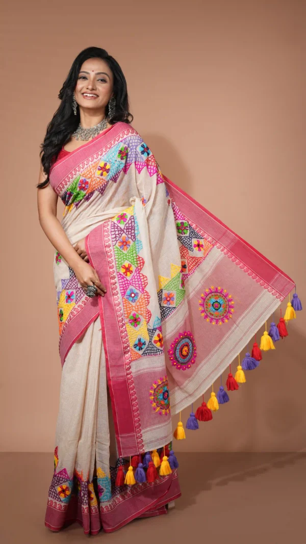 White Cotton Silk Saree with Vibrant Multicolor Lambani Embroidery and Red Border | 2025