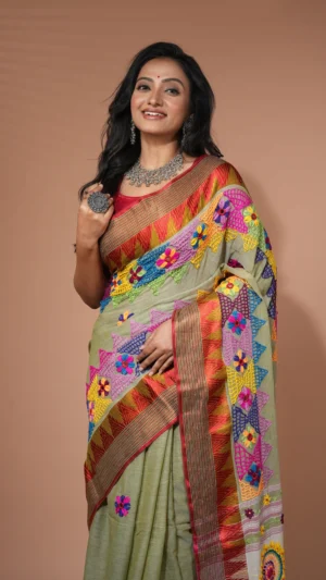 Pastel Green Cotton Silk Saree with Vibrant Multicolor Lambani Embroidery | 2025
