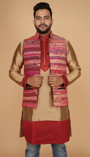 Reddish Pink Textured Pure Cotton Jawahar Coat | Ethnic Essentials 2026