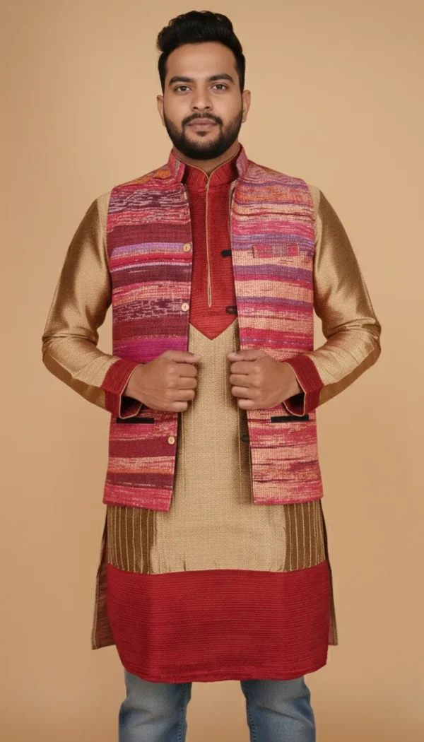 Reddish Pink Textured Pure Cotton Jawahar Coat | Ethnic Essentials 2026