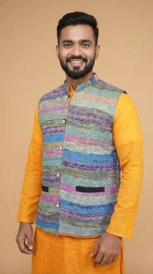 Vibrant Multicolor Textured Pure Cotton Jawahar Coat | Ethnic Essentials 2026