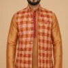 Red and Yellow Checkered Pure Textured Cotton Jawahar Coat | Ethnic Essentials 2026