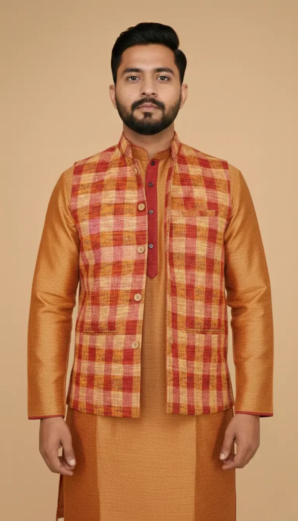 Red and Yellow Checkered Pure Textured Cotton Jawahar Coat | Ethnic Essentials 2026