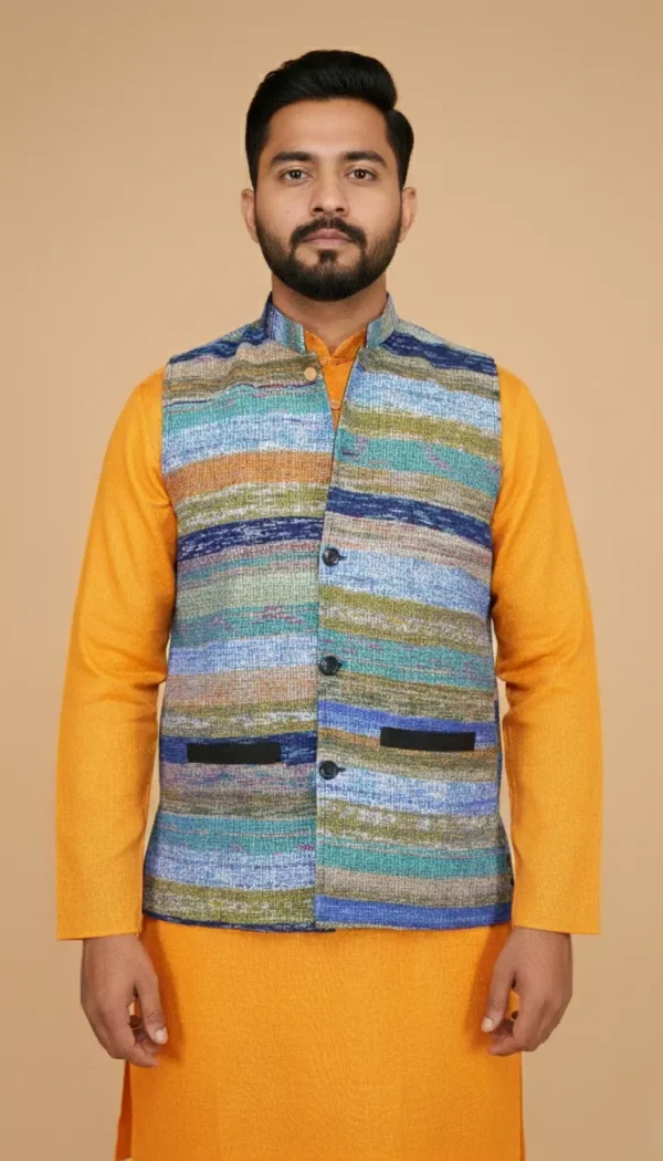 Serene Blue Textured Pure Cotton Jawahar Coat | Ethnic Essentials 2026