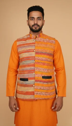 Orange Sunset Textured Pure Cotton Jawahar Coat | Ethnic Essentials 2026