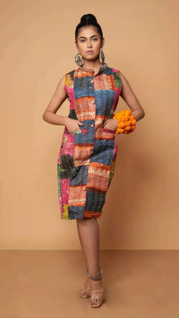 Multicolored Kantha Embroidered Patchwork Sleeveless Jacket | Ethnic Essentials 2026