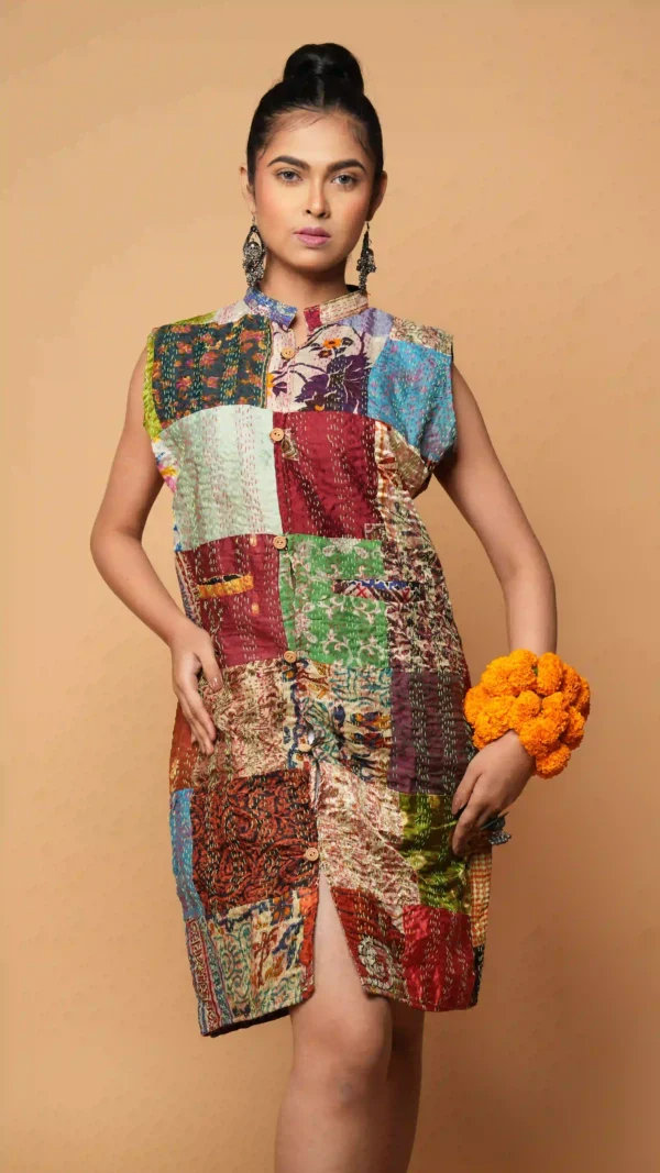 Multicolored Kantha Embroidered Patchwork Sleeveless Jacket | Ethnic Essentials 2026