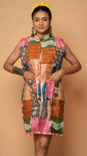 Multicolored Kantha Embroidered Patchwork Sleeveless Jacket | Ethnic Essentials 2026