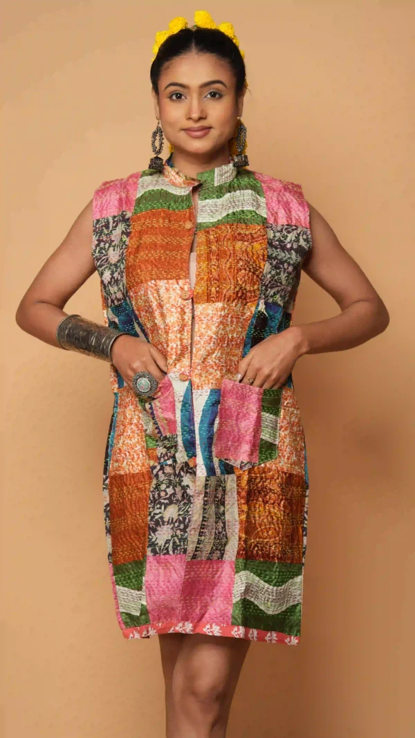 Multicolored Kantha Embroidered Patchwork Sleeveless Jacket | Ethnic Essentials 2026