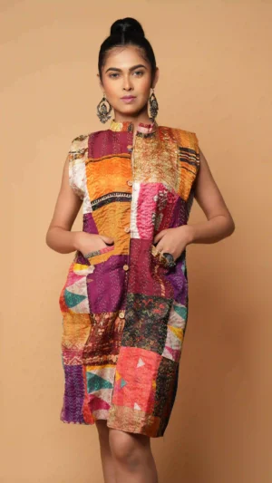 Multicolored Kantha Embroidered Patchwork Sleeveless Jacket | Ethnic Essentials 2026