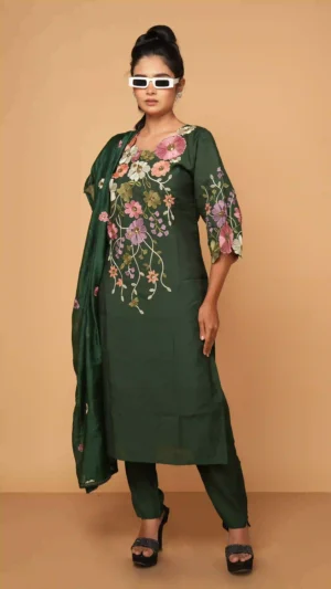 Forest Green Kurta Set with Multi-Colored Floral Embroidery