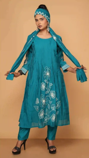 Teal Pleated Kurta Set with Floral Embroidery Detailing