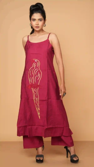 Magnificent Maroon Sleeveless A-Line Kurta Set with Embroidered Parrot Motif | Ethnic Essentials 2026