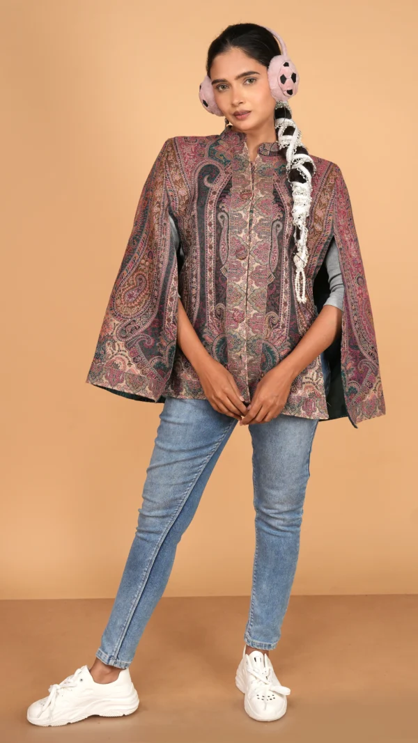 Multicolor Kashmiri Intricate Jamawar Cape Jacket with Slit Sleeves | Ethnic Essentials 2026