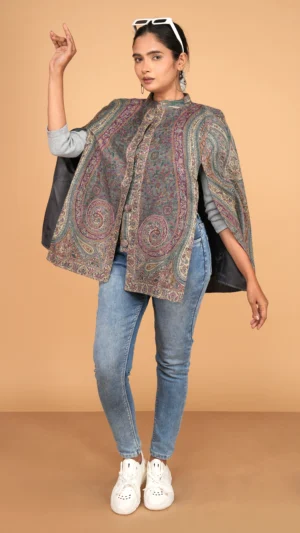 Multicolor Kashmiri Intricate Jamawar Cape Jacket with Slit Sleeves | Ethnic Essentials 2026