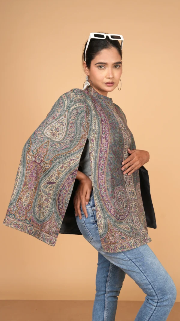 Multicolor Kashmiri Intricate Jamawar Cape Jacket with Slit Sleeves | Ethnic Essentials 2026