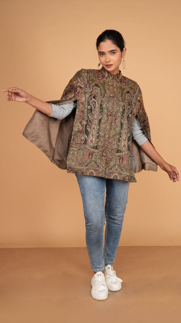 Multicolor Kashmiri Intricate Jamawar Cape Jacket with Slit Sleeves | Ethnic Essentials 2026