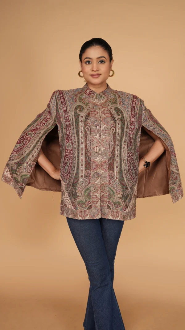 Multicolor Kashmiri Intricate Jamawar Cape Jacket with Slit Sleeves | Ethnic Essentials 2026