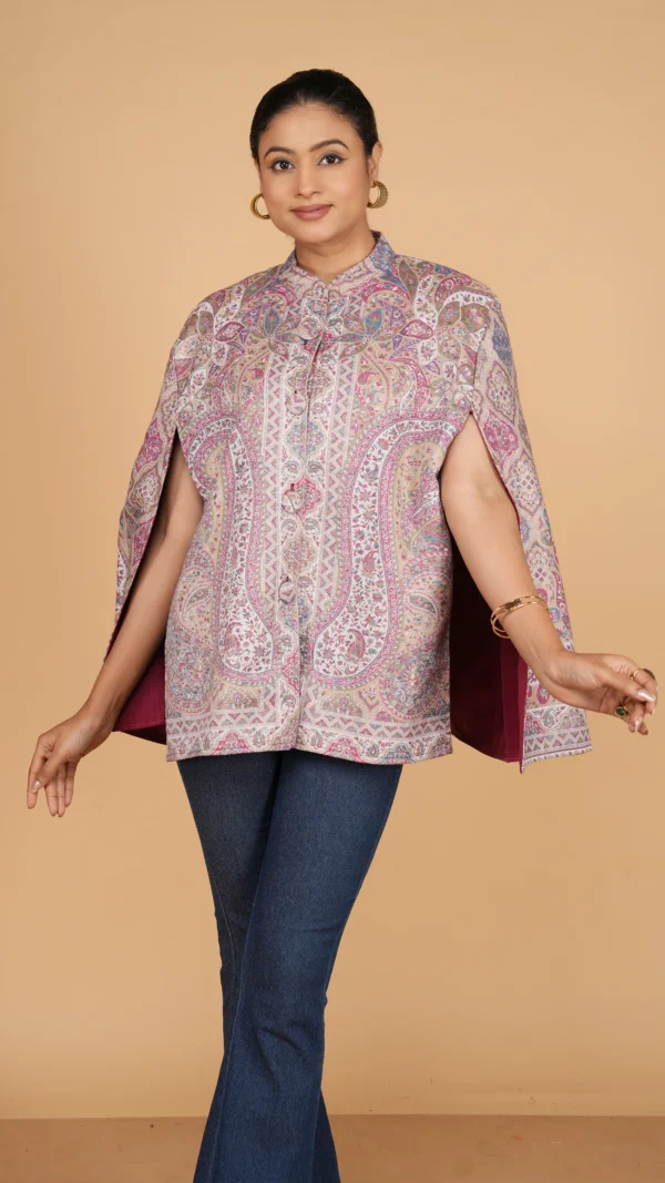 Multicolor Kashmiri Intricate Jamawar Cape Jacket with Slit Sleeves | Ethnic Essentials 2026