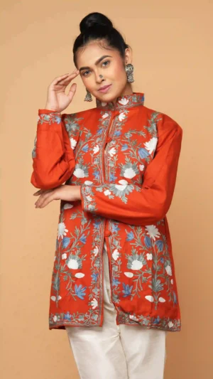 Rustic Orange Kashmiri Aari Embroidered Woolen Short Jacket | Ethnic Essentials 2026