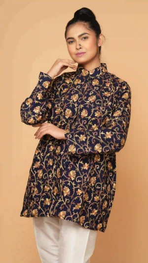 Navy Blue Kashmiri Aari Embroidered Woolen Short Jacket | Ethnic Essentials 2026