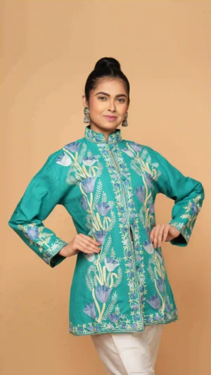 Sea Green Kashmiri Aari Embroidered Woolen Short Jacket | Ethnic Essentials 2026