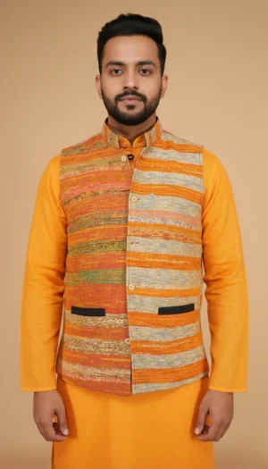 Rustic Orange Textured Pure Cotton Jawahar Coat | Ethnic Essentials 2026