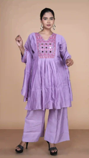 Mauve Embroidered V-Neck Kurta Set with Mirror Accents