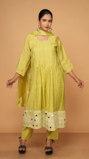 Olive Green Pleated Kurta Set with Pearl Accents