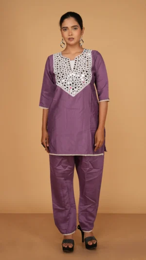 Purple Kurta Set with Mirror Yoke Neckline