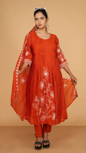 Solid Red Pleated Kurta with Horizontal Pintuck Detailing