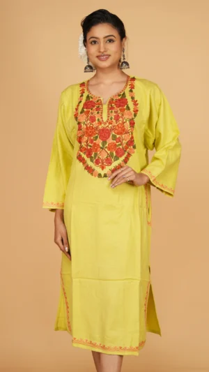 Light Yellow Kashmiri Phiran with Beautiful Aari Hand Embroidery | Ethnic Essentials 2026