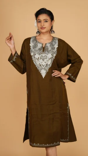 Deep Olive Kashmiri Phiran with Beautiful Aari Hand Embroidery | Ethnic Essentials 2026