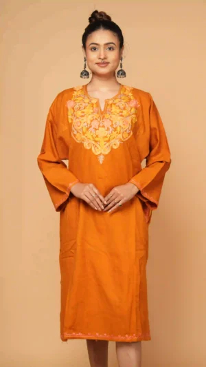 Orange Kashmiri Phiran with Beautiful Aari Hand Embroidery | Ethnic Essentials 2026