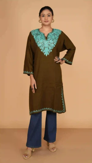 Moss Green Kashmiri Phiran with Beautiful Aari Hand Embroidery | Ethnic Essentials 2026