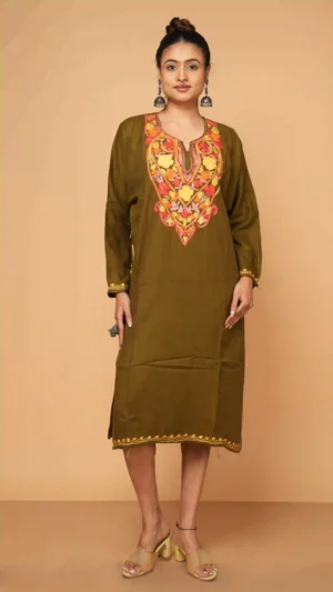 Olive Green Kashmiri Phiran with Beautiful Aari Hand Embroidery | Ethnic Essentials 2026