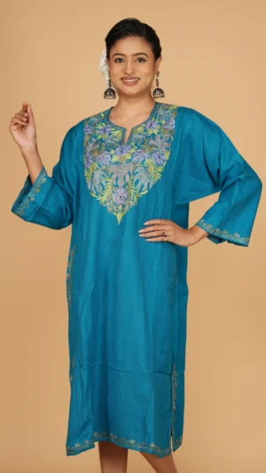 Turquoise Blue Kashmiri Phiran with Beautiful Aari Hand Embroidery | Ethnic Essentials 2026