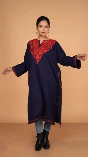 Navy Blue Kashmiri Phiran Top with Aari Hand Embroidery | Ethnic Essentials 2026