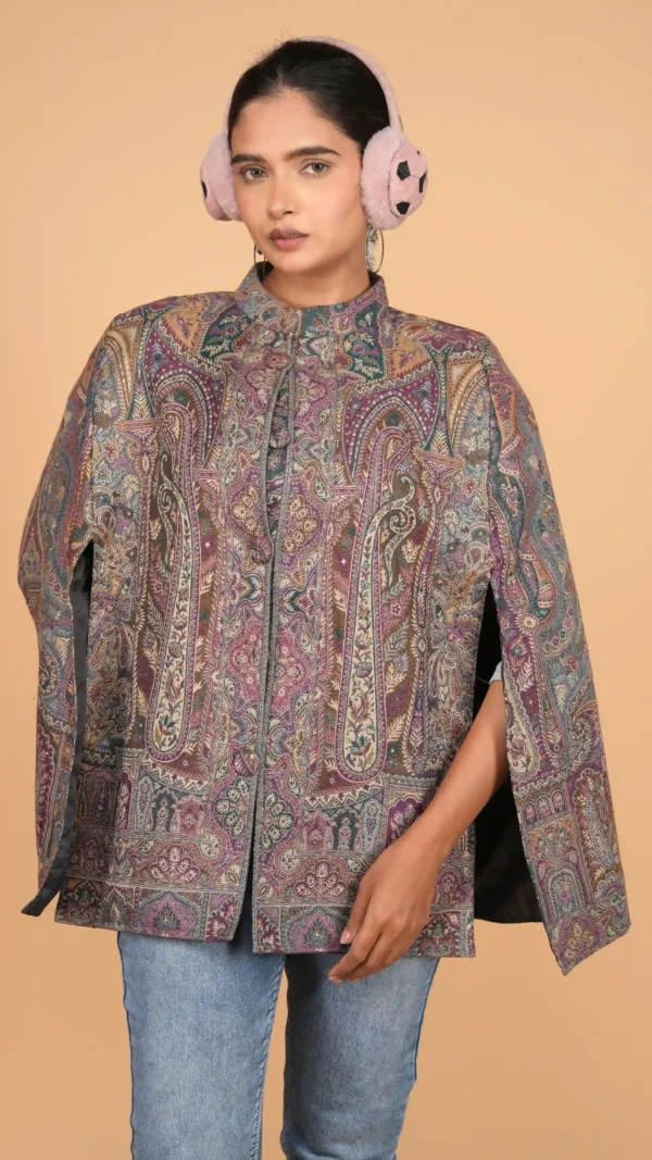 Multicolor Kashmiri Intricate Jamawar Cape Jacket with Slit Sleeves | Ethnic Essentials 2026
