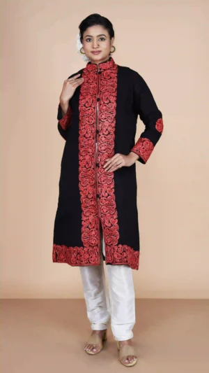 Black Woolen Long Jacket with Red Kashmiri Aari Embroidery | Ethnic Essentials 2026